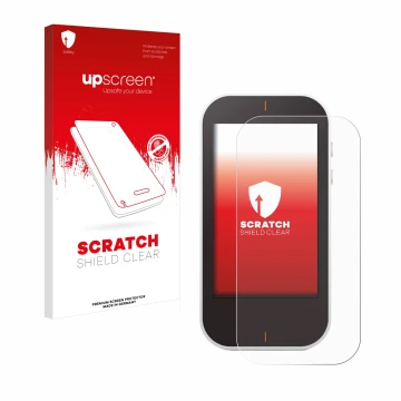 Parte frontal de un envase de producto con el logotipo de la marca upscreen. Al lado se muestra el dispositivo Garmin Approach