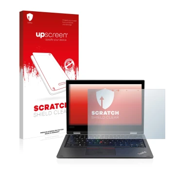 Parte frontal de un envase de producto con el logotipo de la marca upscreen. Al lado se muestra el dispositivo Lenovo ThinkPad