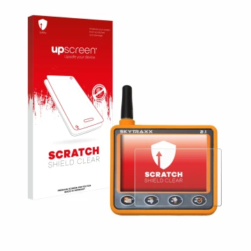 Parte frontal de un envase de producto con el logotipo de la marca upscreen. Al lado se muestra el dispositivo Skytraxx 2.1 Va
