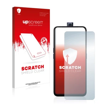 Parte frontal de un envase de producto con el logotipo de la marca upscreen. Al lado se muestra el dispositivo Oppo F11 Pro co