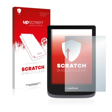 Parte frontal de un envase de producto con el logotipo de la marca upscreen. Al lado se muestra el dispositivo PocketBook Touc