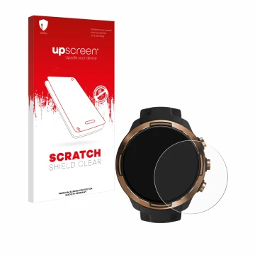 Parte frontal de un envase de producto con el logotipo de la marca upscreen. Al lado se muestra el dispositivo Suunto 9 Baro c