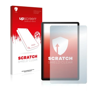 Parte frontal de un envase de producto con el logotipo de la marca upscreen. Al lado se muestra el dispositivo Samsung Galaxy 