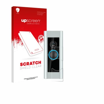 Parte frontal de un envase de producto con el logotipo de la marca upscreen. Al lado se muestra el dispositivo Ring Video Door
