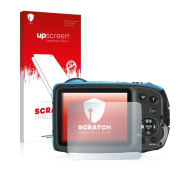 Parte frontal de un envase de producto con el logotipo de la marca upscreen. Al lado se muestra el dispositivo Fujifilm FinePi