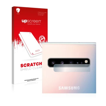 Parte frontal de un envase de producto con el logotipo de la marca upscreen. Al lado se muestra el dispositivo Samsung Galaxy 