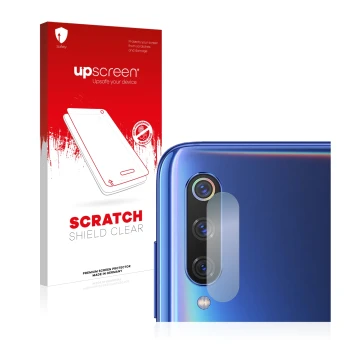 Parte frontal de un envase de producto con el logotipo de la marca upscreen. Al lado se muestra el dispositivo Xiaomi Mi 9 (SÓ