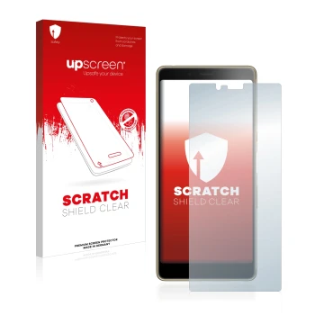 Parte frontal de un envase de producto con el logotipo de la marca upscreen. Al lado se muestra el dispositivo Sony Xperia L3 