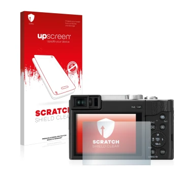 Parte frontal de un envase de producto con el logotipo de la marca upscreen. Al lado se muestra el dispositivo Panasonic Lumix