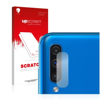 Parte frontal de un envase de producto con el logotipo de la marca upscreen. Al lado se muestra el dispositivo Samsung Galaxy 