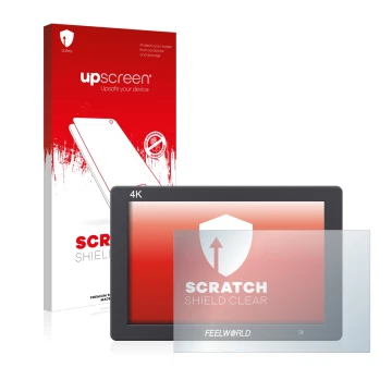 Parte frontal de un envase de producto con el logotipo de la marca upscreen. Al lado se muestra el dispositivo Feelworld T7 7