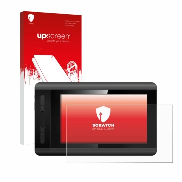 Parte frontal de un envase de producto con el logotipo de la marca upscreen. Al lado se muestra el dispositivo XP-Pen Artist 1