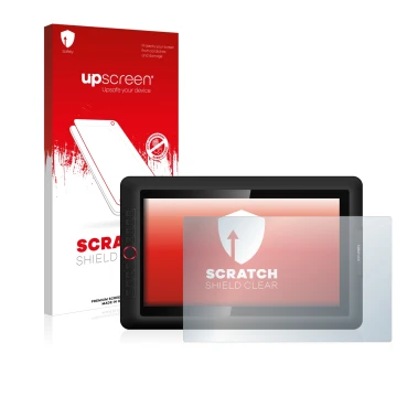 Parte frontal de un envase de producto con el logotipo de la marca upscreen. Al lado se muestra el dispositivo XP-Pen Artist 1