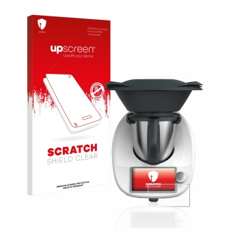 Parte frontal de un envase de producto con el logotipo de la marca upscreen. Al lado se muestra el dispositivo Vorwerk Thermom