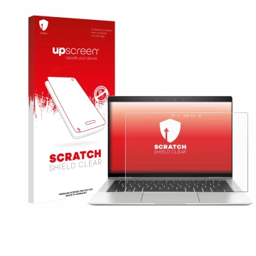Parte frontal de un envase de producto con el logotipo de la marca upscreen. Al lado se muestra el dispositivo HP EliteBook x3