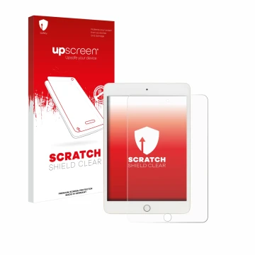 Parte frontal de un envase de producto con el logotipo de la marca upscreen. Al lado se muestra el dispositivo Apple iPad Mini