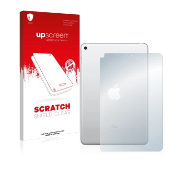 Parte frontal de un envase de producto con el logotipo de la marca upscreen. Al lado se muestra el dispositivo Apple iPad Mini