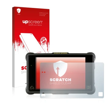 Parte frontal de un envase de producto con el logotipo de la marca upscreen. Al lado se muestra el dispositivo Atomos Shogun I