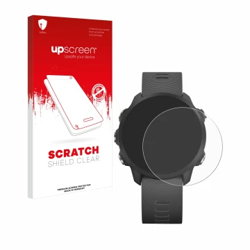 Parte frontal de un envase de producto con el logotipo de la marca upscreen. Al lado se muestra el dispositivo Garmin Forerunn