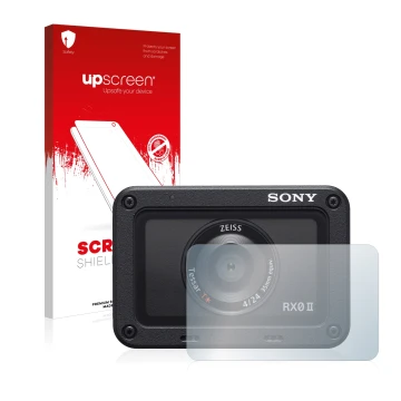 Parte frontal de un envase de producto con el logotipo de la marca upscreen. Al lado se muestra el dispositivo Sony DSC-RX0M2 