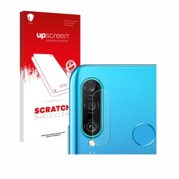 Parte frontal de un envase de producto con el logotipo de la marca upscreen. Al lado se muestra el dispositivo Huawei P30 lite