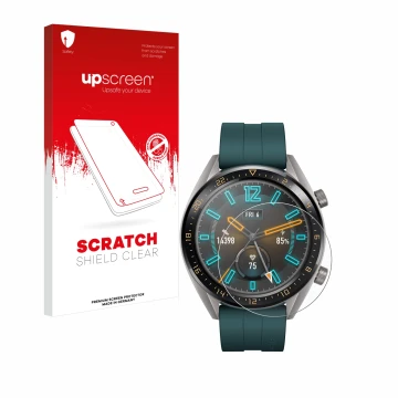 Parte frontal de un envase de producto con el logotipo de la marca upscreen. Al lado se muestra el dispositivo Huawei Watch GT