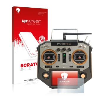 Parte frontal de un envase de producto con el logotipo de la marca upscreen. Al lado se muestra el dispositivo FrSky Horus X10