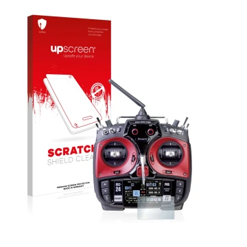 Parte frontal de un envase de producto con el logotipo de la marca upscreen. Al lado se muestra el dispositivo Graupner mz-24 