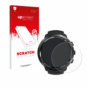 Parte frontal de un envase de producto con el logotipo de la marca upscreen. Al lado se muestra el dispositivo Suunto D5 con s