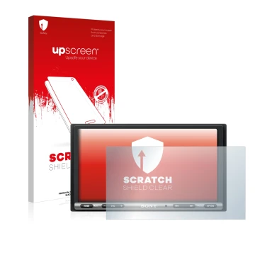 Parte frontal de un envase de producto con el logotipo de la marca upscreen. Al lado se muestra el dispositivo Sony XAV-AX3005