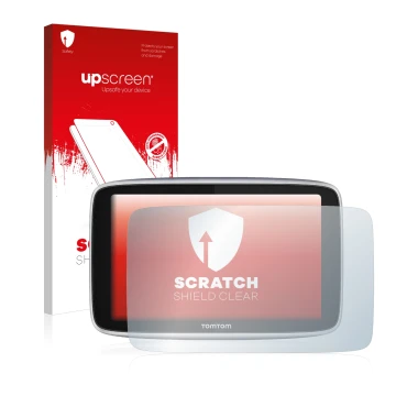 Parte frontal de un envase de producto con el logotipo de la marca upscreen. Al lado se muestra el dispositivo TomTom GO Premi