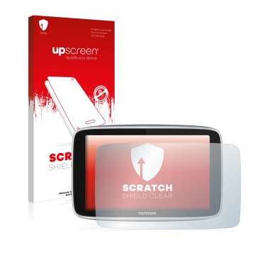 Parte frontal de un envase de producto con el logotipo de la marca upscreen. Al lado se muestra el dispositivo TomTom GO Premi