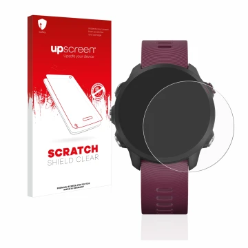 Parte frontal de un envase de producto con el logotipo de la marca upscreen. Al lado se muestra el dispositivo Garmin Forerunn