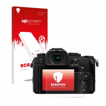 Parte frontal de un envase de producto con el logotipo de la marca upscreen. Al lado se muestra el dispositivo Panasonic Lumix