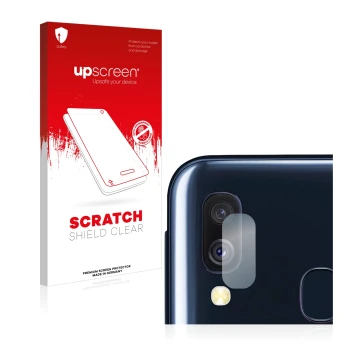 Parte frontal de un envase de producto con el logotipo de la marca upscreen. Al lado se muestra el dispositivo Samsung Galaxy 