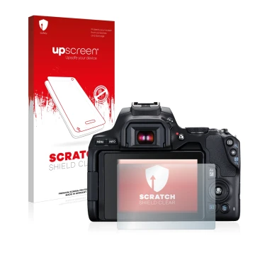 Parte frontal de un envase de producto con el logotipo de la marca upscreen. Al lado se muestra el dispositivo Canon EOS 250D 