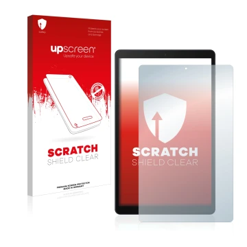 Parte frontal de un envase de producto con el logotipo de la marca upscreen. Al lado se muestra el dispositivo Samsung Galaxy 