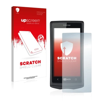 Parte frontal de un envase de producto con el logotipo de la marca upscreen. Al lado se muestra el dispositivo Orderman 5 con 