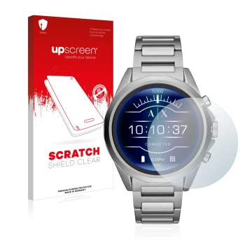 Parte frontal de un envase de producto con el logotipo de la marca upscreen. Al lado se muestra el dispositivo Emporio Armani 