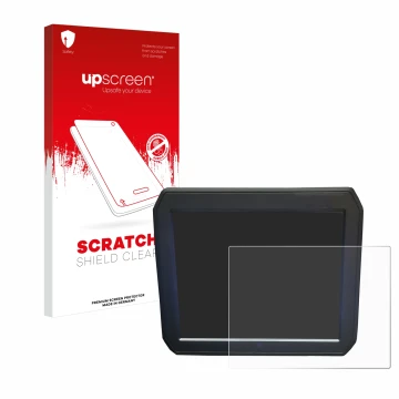 Parte frontal de un envase de producto con el logotipo de la marca upscreen. Al lado se muestra el dispositivo Keyence IM-7020