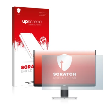 Parte frontal de un envase de producto con el logotipo de la marca upscreen. Al lado se muestra el dispositivo Dell P2719H con