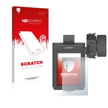 Parte frontal de un envase de producto con el logotipo de la marca upscreen. Al lado se muestra el dispositivo FlySky FS-NB4 c