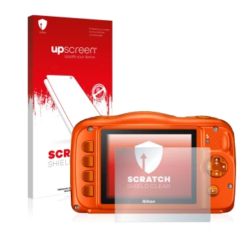 Parte frontal de un envase de producto con el logotipo de la marca upscreen. Al lado se muestra el dispositivo Nikon Coolpix W