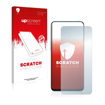 Parte frontal de un envase de producto con el logotipo de la marca upscreen. Al lado se muestra el dispositivo Oppo Reno 5G co