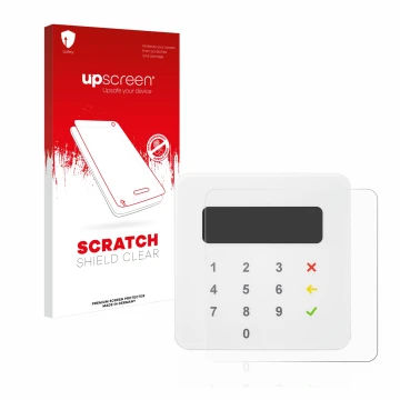 Parte frontal de un envase de producto con el logotipo de la marca upscreen. Al lado se muestra el dispositivo SumUp Air con s