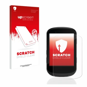 Parte frontal de un envase de producto con el logotipo de la marca upscreen. Al lado se muestra el dispositivo Garmin Edge 530