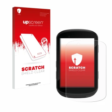 Parte frontal de un envase de producto con el logotipo de la marca upscreen. Al lado se muestra el dispositivo Garmin Edge 830