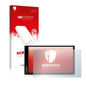 Parte frontal de un envase de producto con el logotipo de la marca upscreen. Al lado se muestra el dispositivo Garmin Camper 7