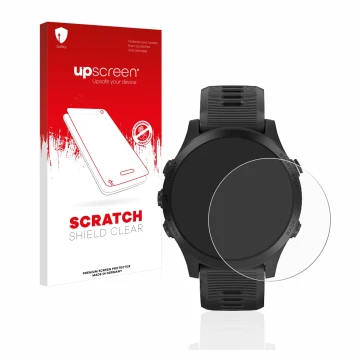 Parte frontal de un envase de producto con el logotipo de la marca upscreen. Al lado se muestra el dispositivo Garmin Forerunn