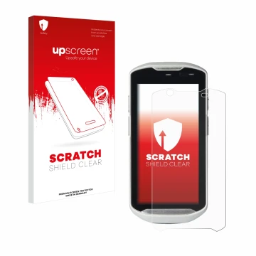 Parte frontal de un envase de producto con el logotipo de la marca upscreen. Al lado se muestra el dispositivo Zebra TC52-HC c